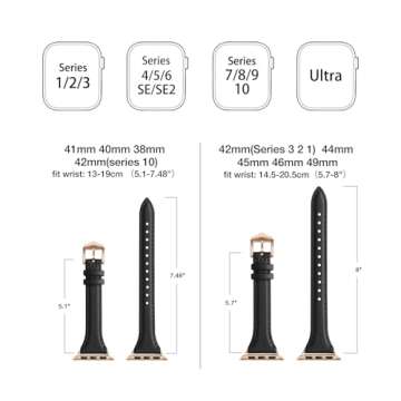 WFEAGL Compatible with Leather Apple Watch Band 41mm 40mm 38mm 42mm(series 10) Women, Top Grain Leather Strap Slim & Thin Replacement Wristband for iWatch Bands Ultra SE SE2 & Series 10 9 8 7 6 5 4 3 2 1