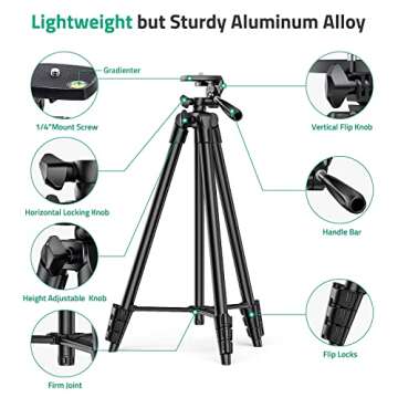 Camera Tripod, 55" Phone Tripod Stand with Remote Shutter, Carry Bag for Travel Record/TIK Tok/Photography/Live Stream/YouTube Video, Compatible DSLR and Smartphone