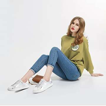 PARTY Women's Fashion Star Sneaker Lace Up Low Top Comfortable Cushioned Walking Shoes, Dale-Silver ...