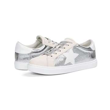 PARTY Women's Fashion Star Sneaker Lace Up Low Top Comfortable Cushioned Walking Shoes, Dale-Silver Met-8.5