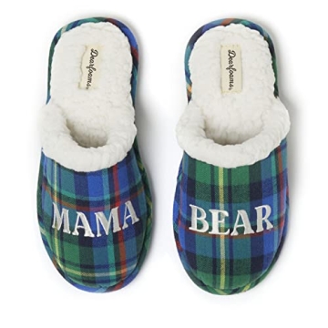 Dearfoams Women's Cozy Mama Bear Slippers - Green Plaid Gift for Mom
