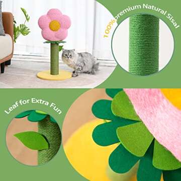 PET WONDERLAND Cute Cat Scratching Post - Pink Flower Cat Scratcher with Toy for Adults Small Large ...