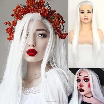 BLUPLE Long Straight Lace Front Wigs #1001 Platinum White Natural Heat Resistant Synthetic Hair Half Hand Tied Wigs for Cosplay Daily Wear (22 inches, Straight,White)
