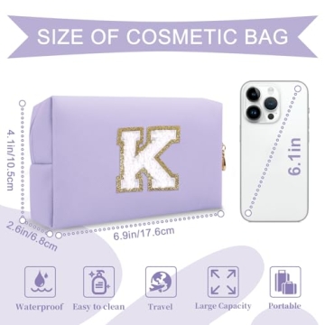 Personalized Makeup Bag Initial A-Z Preppy Patch Bag, Small PU Leather Travel Cosmetic Bag Pouch wit...