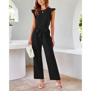 BTFBM Women's Belted Wide Leg Jumpsuit with Pockets