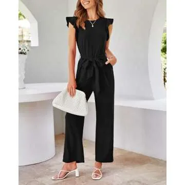 BTFBM Women's Belted Wide Leg Jumpsuit with Pockets