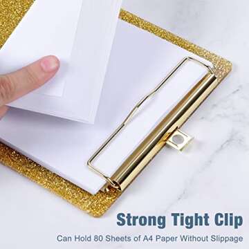 Piasoenc Acrylic Small Clipboard, Fashion Glitter Clip Board with Low Profile Gold Clip, Cute Confetti Board for Kids, Students, Teacher, Woman, Artist, A5 Letter Size 6 x 9 in, Gold
