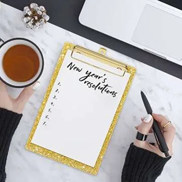 Piasoenc Acrylic Small Clipboard, Fashion Glitter Clip Board with Low Profile Gold Clip, Cute Confetti Board for Kids, Students, Teacher, Woman, Artist, A5 Letter Size 6 x 9 in, Gold