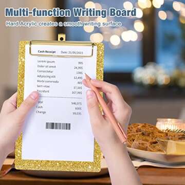 Piasoenc Acrylic Small Clipboard, Fashion Glitter Clip Board with Low Profile Gold Clip, Cute Confetti Board for Kids, Students, Teacher, Woman, Artist, A5 Letter Size 6 x 9 in, Gold