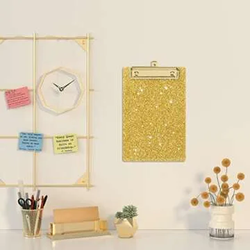 Piasoenc Acrylic Small Clipboard, Fashion Glitter Clip Board with Low Profile Gold Clip, Cute Confetti Board for Kids, Students, Teacher, Woman, Artist, A5 Letter Size 6 x 9 in, Gold