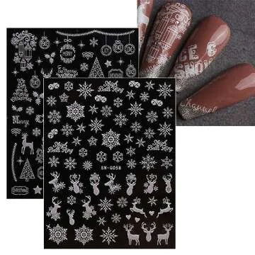 JMEOWIO 9 Sheets Christmas Glitter Nail Art Stickers Decals Self-Adhesive Snowflake Winter Holiday White Nail Supplies Nail Art Design Decoration Accessories