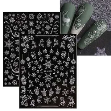 JMEOWIO 9 Sheets Christmas Glitter Nail Art Stickers Decals Self-Adhesive Snowflake Winter Holiday White Nail Supplies Nail Art Design Decoration Accessories