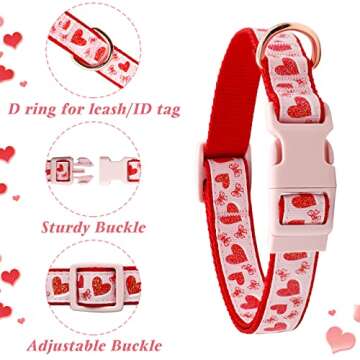 azuza Valentine's Day Day Dog Collar and Leash Set, Adjustable Pink Dog Collar with Sparkly Red Heart Pattern Matching Leash Valentines Day Gift for Medium Dogs
