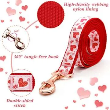 azuza Valentine's Day Day Dog Collar and Leash Set, Adjustable Pink Dog Collar with Sparkly Red Heart Pattern Matching Leash Valentines Day Gift for Medium Dogs