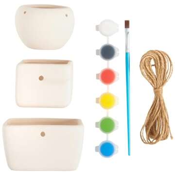 Anker Play Products Paint Your Own Hanging Planter Design Kit - Kid's Custom Paint Design Planter Set - Includes 3 Ceramic Planters, 6 Ceramic Paints, Brush & 13 Ft of Rope