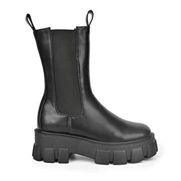 READYSALTED Women's Mid Calf Chunky Sole Platform Chelsea Slip On Fashion Cleated High Ankle Boots(ROTA18-BK,US9)