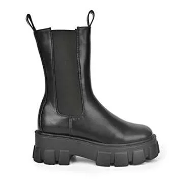 READYSALTED Women's Mid Calf Chunky Sole Platform Chelsea Slip On Fashion Cleated High Ankle Boots(ROTA18-BK,US9)