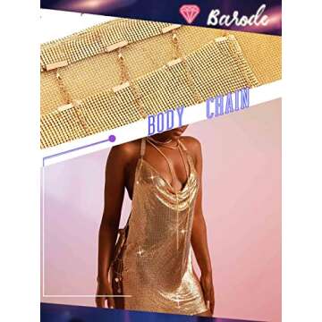 Barode Sexy Sequins Short Dress Slit Silver Blackless Metal Skirts Cocktail Body Chain Beach Bikini Rave Clubwear Body Accessories Jewelry for Women and Girls (Gold)