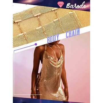 Barode Sexy Sequins Short Dress Slit Silver Blackless Metal Skirts Cocktail Body Chain Beach Bikini Rave Clubwear Body Accessories Jewelry for Women and Girls (Gold)