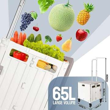 Honshine Collapsible Rolling Crate with Spinning Open Lid, Large Utility Cart with Noiseless Brake Wheels & Telescoping Handle, Trolley for Teacher Grocery File Travel Art Supplies (Milky White)