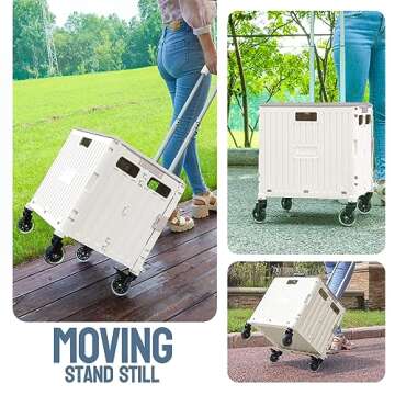 Honshine Collapsible Rolling Crate with Spinning Open Lid, Large Utility Cart with Noiseless Brake Wheels & Telescoping Handle, Trolley for Teacher Grocery File Travel Art Supplies (Milky White)