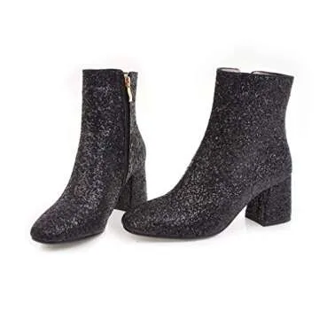 Elyffany Womens Mid Block Heel Glitter Ankle Boots Ladies Zipper Party Prom Booties