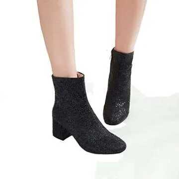 Elyffany Womens Mid Block Heel Glitter Ankle Boots Ladies Zipper Party Prom Booties
