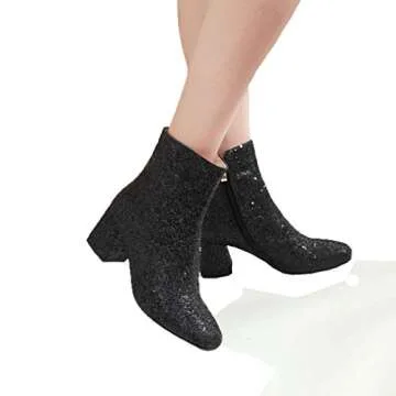 Elyffany Womens Mid Block Heel Glitter Ankle Boots Ladies Zipper Party Prom Booties