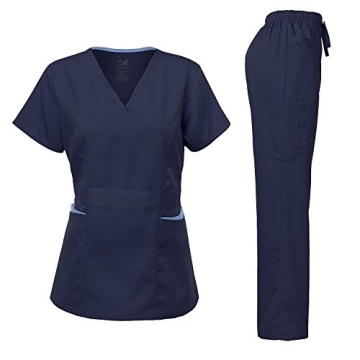 Dagacci Medical Uniform Women's Scrubs Set Stretch Contrast Pocket Navy S