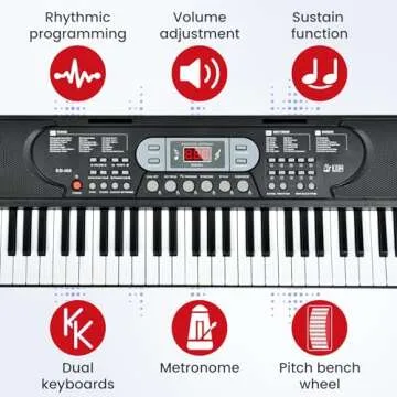 61 Key Keyboard Piano, Electric Piano Keyboard with Lighted Keys, Pitch Bend, Built-in Speakers- Includes Piano Stand and Bench, Microphone, Portable Keyboard Piano for Beginners
