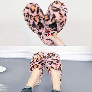 Fuzzy Slippers for Women, Cross Band Faux Furry Slippers Warm Slide Flat House Slippers Sandals Leopard Plush Open Toe Home Slippers