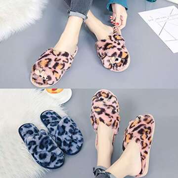 Fuzzy Slippers for Women, Cross Band Faux Furry Slippers Warm Slide Flat House Slippers Sandals Leopard Plush Open Toe Home Slippers