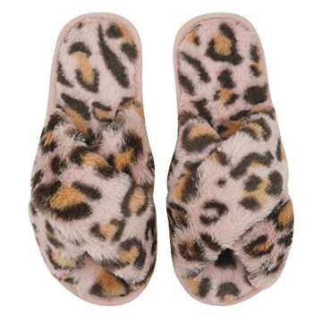Fuzzy Slippers for Women, Cross Band Faux Furry Slippers Warm Slide Flat House Slippers Sandals Leopard Plush Open Toe Home Slippers