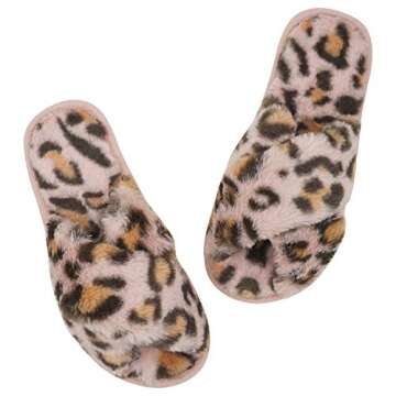 Fuzzy Slippers for Women, Cross Band Faux Furry Slippers Warm Slide Flat House Slippers Sandals Leopard Plush Open Toe Home Slippers