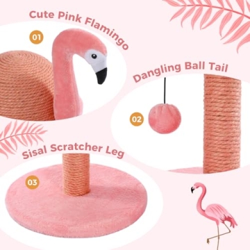 PETEPELA Cat Scratching Post, Pink Cat Scratcher Tree, Flamingos Natural Sisal Cat Scratch Post with Interactive Toy Ball and Extra Replacement Sisal Scratching Pole for Kittens and Small Cats,Pink