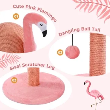 PETEPELA Cat Scratching Post, Pink Cat Scratcher Tree, Flamingos Natural Sisal Cat Scratch Post with Interactive Toy Ball and Extra Replacement Sisal Scratching Pole for Kittens and Small Cats,Pink
