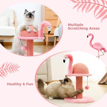 PETEPELA Cat Scratching Post, Pink Cat Scratcher Tree, Flamingos Natural Sisal Cat Scratch Post with Interactive Toy Ball and Extra Replacement Sisal Scratching Pole for Kittens and Small Cats,Pink