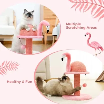 PETEPELA Cat Scratching Post, Pink Cat Scratcher Tree, Flamingos Natural Sisal Cat Scratch Post with Interactive Toy Ball and Extra Replacement Sisal Scratching Pole for Kittens and Small Cats,Pink
