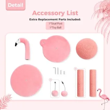 PETEPELA Cat Scratching Post, Pink Cat Scratcher Tree, Flamingos Natural Sisal Cat Scratch Post with Interactive Toy Ball and Extra Replacement Sisal Scratching Pole for Kittens and Small Cats,Pink