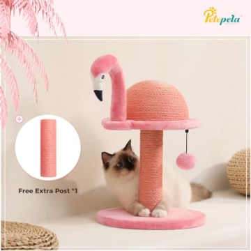 PETEPELA Cat Scratching Post, Pink Cat Scratcher Tree, Flamingos Natural Sisal Cat Scratch Post with Interactive Toy Ball and Extra Replacement Sisal Scratching Pole for Kittens and Small Cats,Pink