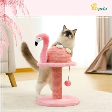 PETEPELA Cat Scratching Post, Pink Cat Scratcher Tree, Flamingos Natural Sisal Cat Scratch Post with Interactive Toy Ball and Extra Replacement Sisal Scratching Pole for Kittens and Small Cats,Pink