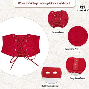 TRIWORKS Women Waist Belt Corset Lace Up Tied Waspie Elastic Wide Belt for Dresses Halloween Pirate Corset Red