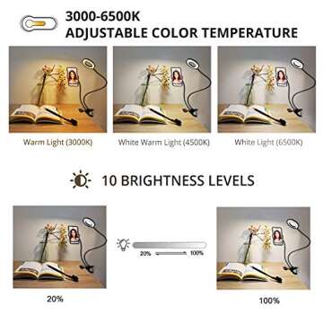 Clip on Light Reading Lights with Cell Phone Holder,Eye Protection Kids Desk Lamp, 360 ° Flexible G...