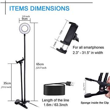 Clip on Light Reading Lights with Cell Phone Holder,Eye Protection Kids Desk Lamp, 360 ° Flexible Gooseneck Selfie Ring Light， LED Makeup Mirror Lights… (Selfie Ring Light with Cell Phone Holder)