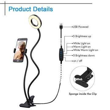 Clip on Light Reading Lights with Cell Phone Holder,Eye Protection Kids Desk Lamp, 360 ° Flexible Gooseneck Selfie Ring Light， LED Makeup Mirror Lights… (Selfie Ring Light with Cell Phone Holder)