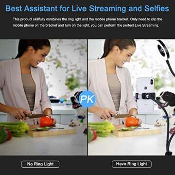 Clip on Light Reading Lights with Cell Phone Holder,Eye Protection Kids Desk Lamp, 360 ° Flexible Gooseneck Selfie Ring Light， LED Makeup Mirror Lights… (Selfie Ring Light with Cell Phone Holder)