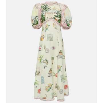 Puff Sleeve Maxi Dress Women Summer Graffiti Y2k Dress Vintage Boho Tropical Dress Floral Colorful Dresses (Beige,M,Medium)