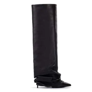 Goolita Women's Stiletto Heel Knee High Boots Pointed Toe Slip On Fold Over Boots For Women Sewing Leather Comfy Dress Boots