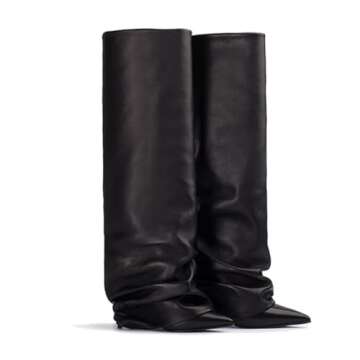 Goolita Women's Stiletto Heel Knee High Boots Pointed Toe Slip On Fold Over Boots For Women Sewing Leather Comfy Dress Boots