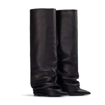 Goolita Women's Stiletto Heel Knee High Boots Pointed Toe Slip On Fold Over Boots For Women Sewing Leather Comfy Dress Boots